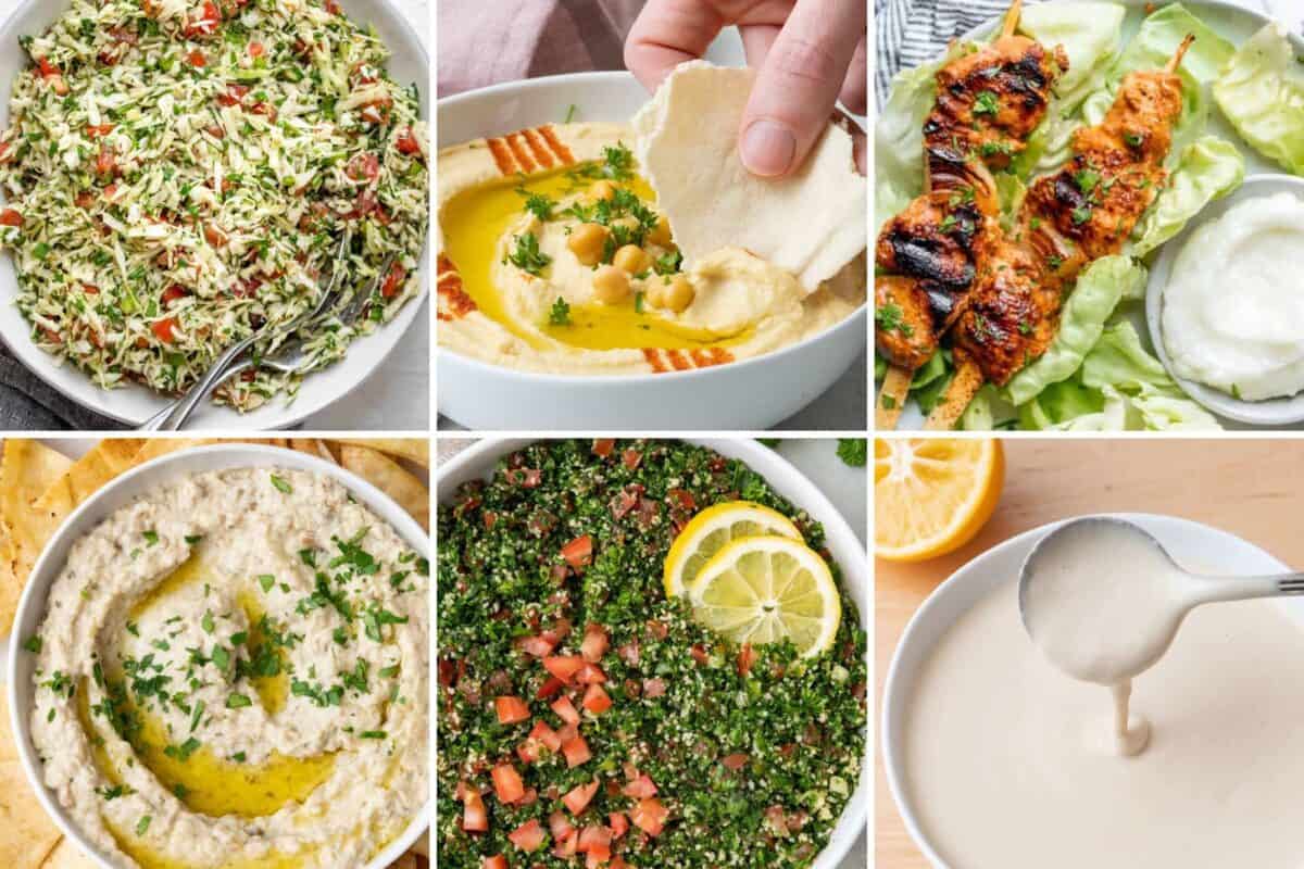 6 image collage of Lebanese recipes using lemon.