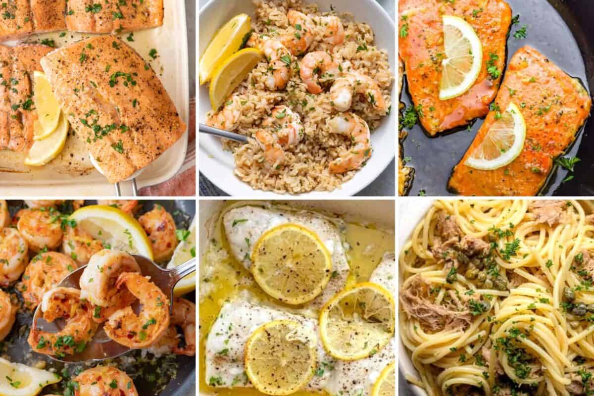 6 image collage of seafood recipes.