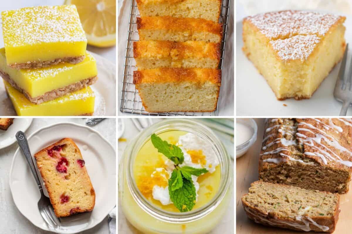 6 image collage of dessert lemon recipes.