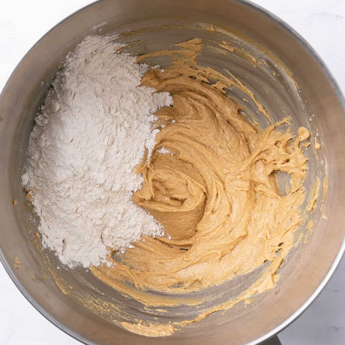 After combining with flour, baking soda and salt added on top.