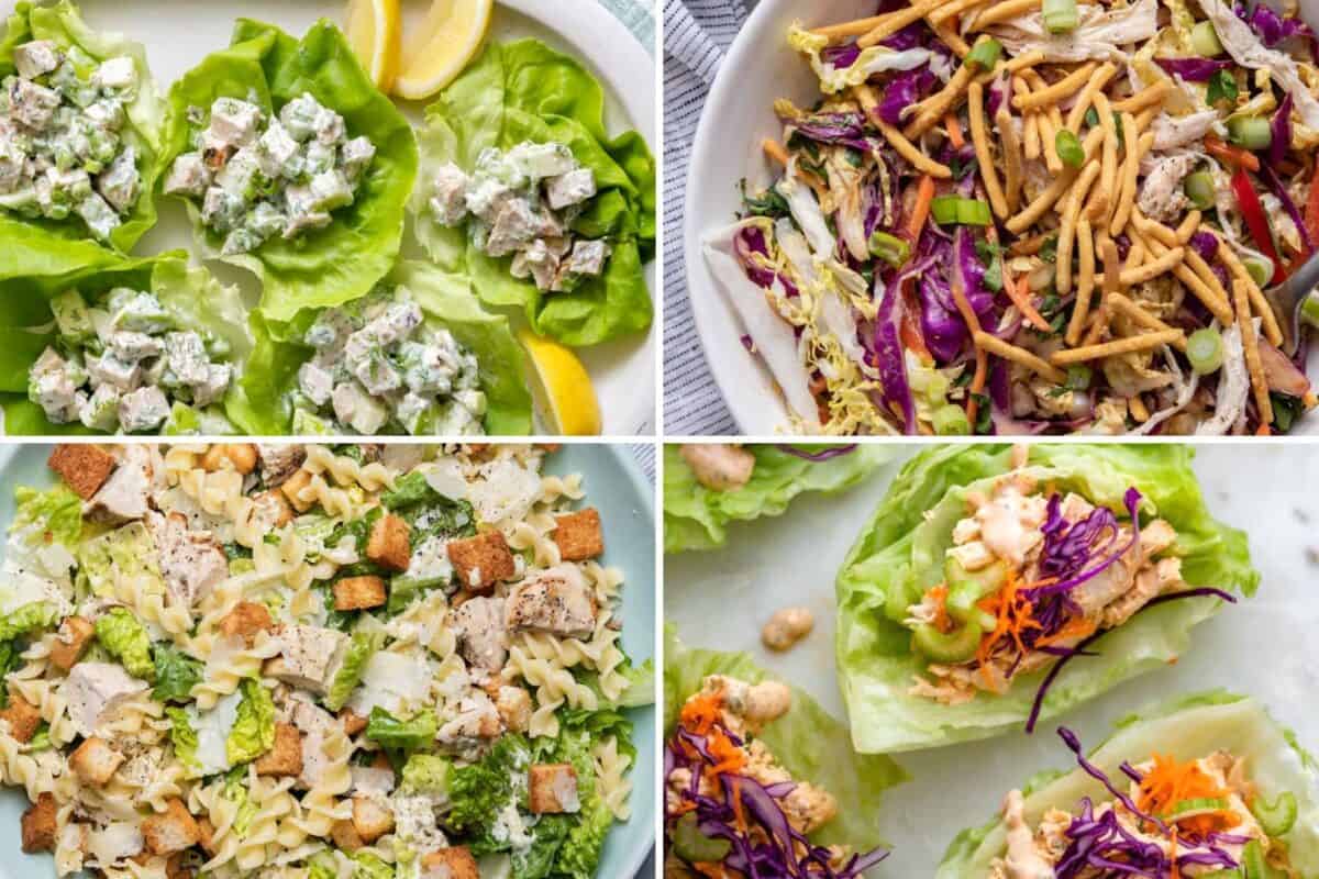 4 image collage of salad recipes with chicken.