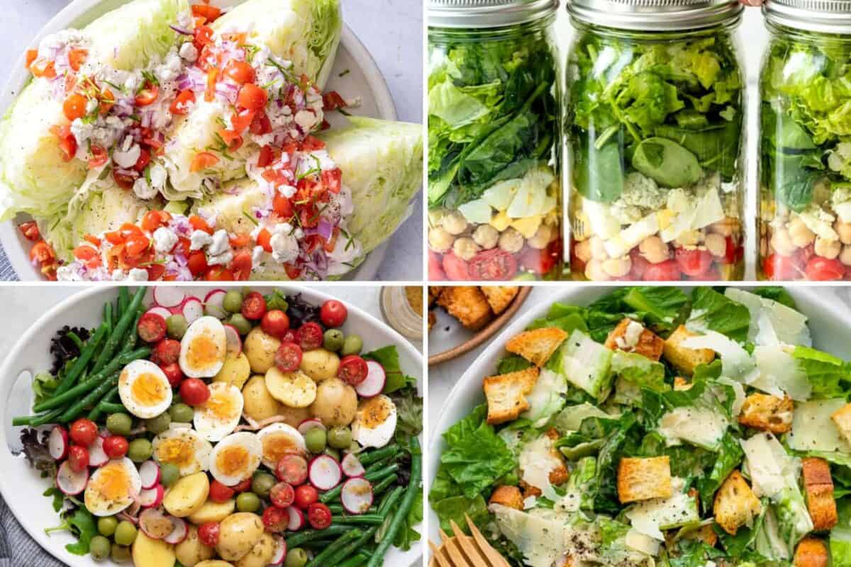 4 image collage of classic salad recipes.