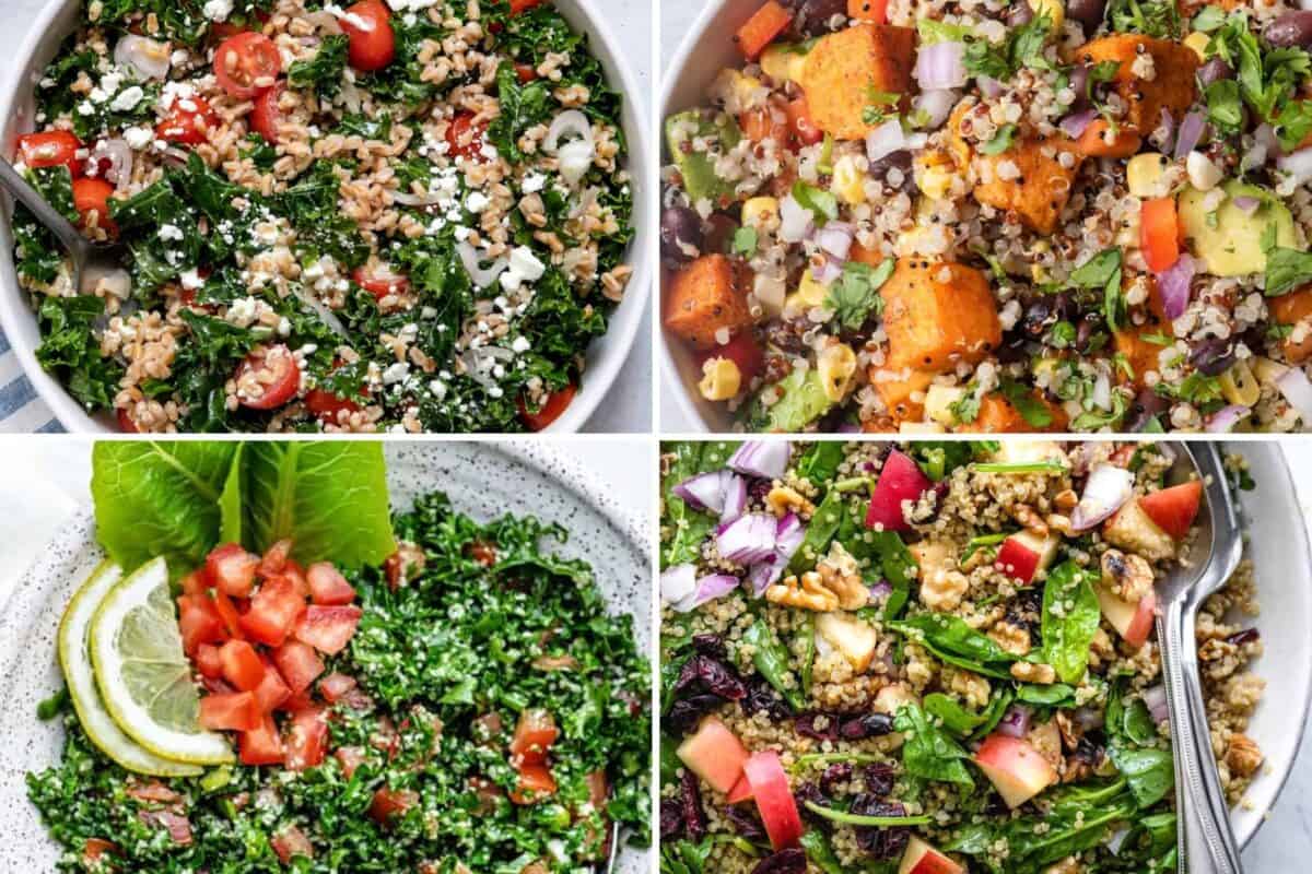 4 image collage of hearty grain recipes.