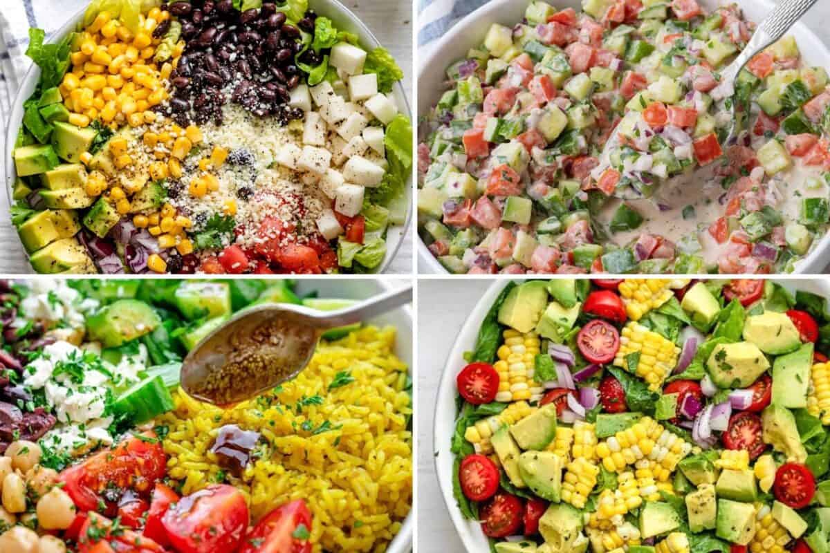 4 image collage of vegan salad recipes.