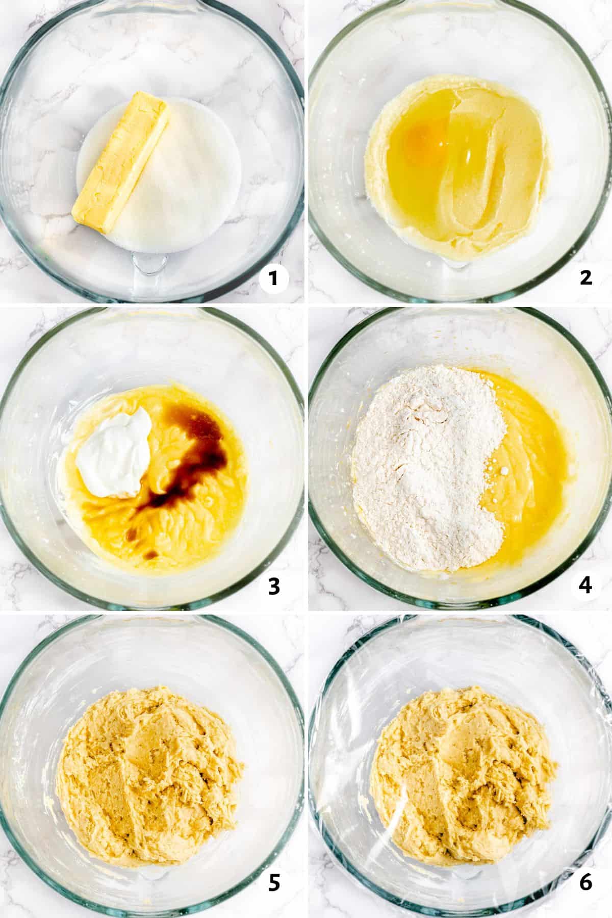 6 image collage making dough in the bowl of a stand mixer: 1- butter and sugar before creaming together, 2- after creaming with egg added, 3- after mixing in egg with yogurt and extracts added, 4- dry ingredients added on top of mixture, 5- dough after completely combined, 6- plastic wrap over dough for refrigeration before baking.