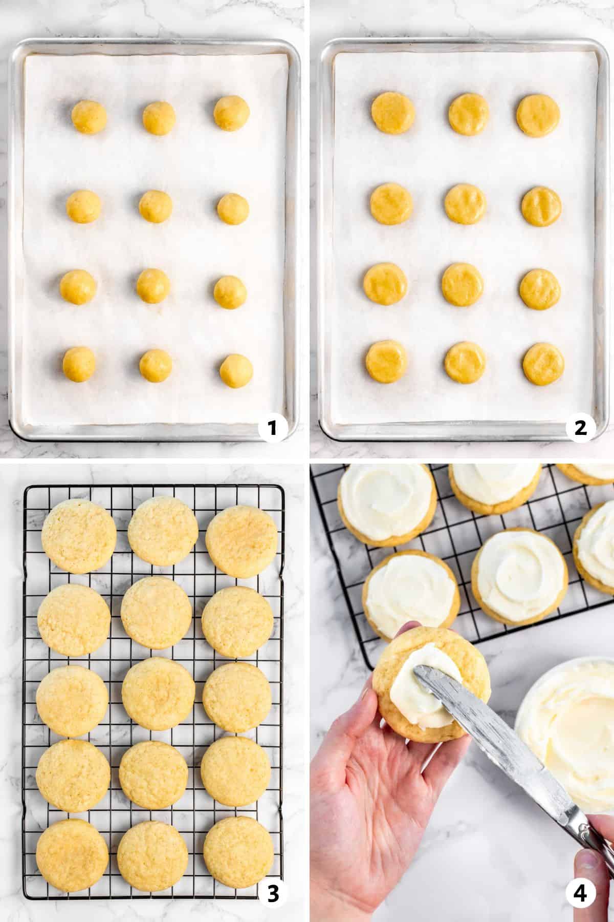 4 image collage making recipe: 1- dough balls on a parchment lined baking sheet, 2- balls flattened slightly into round discs before baking, 3- after baking on a cooling rack, 4- spreading frosting with a knife on one cookie with more cookies already frosted on wire rack.