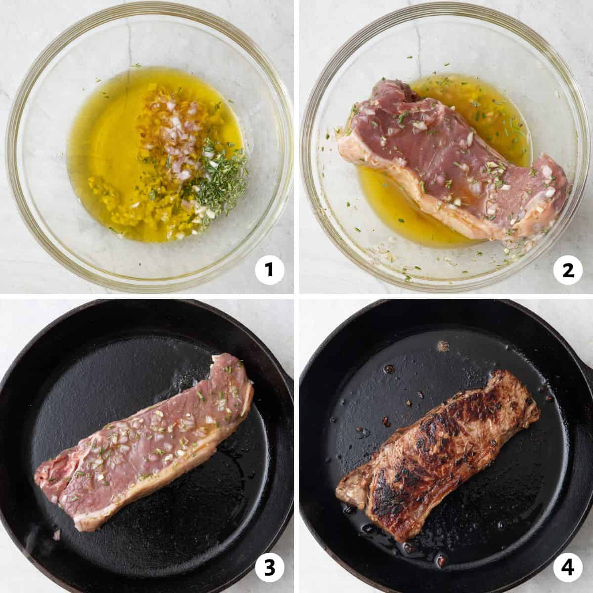 4 image collage preparing and cooking recipe: 1- marinade ingredients in a bowl, 2- steak added and coated in marinade, 3- steak in a cast iron skillet, 4- after flipping.