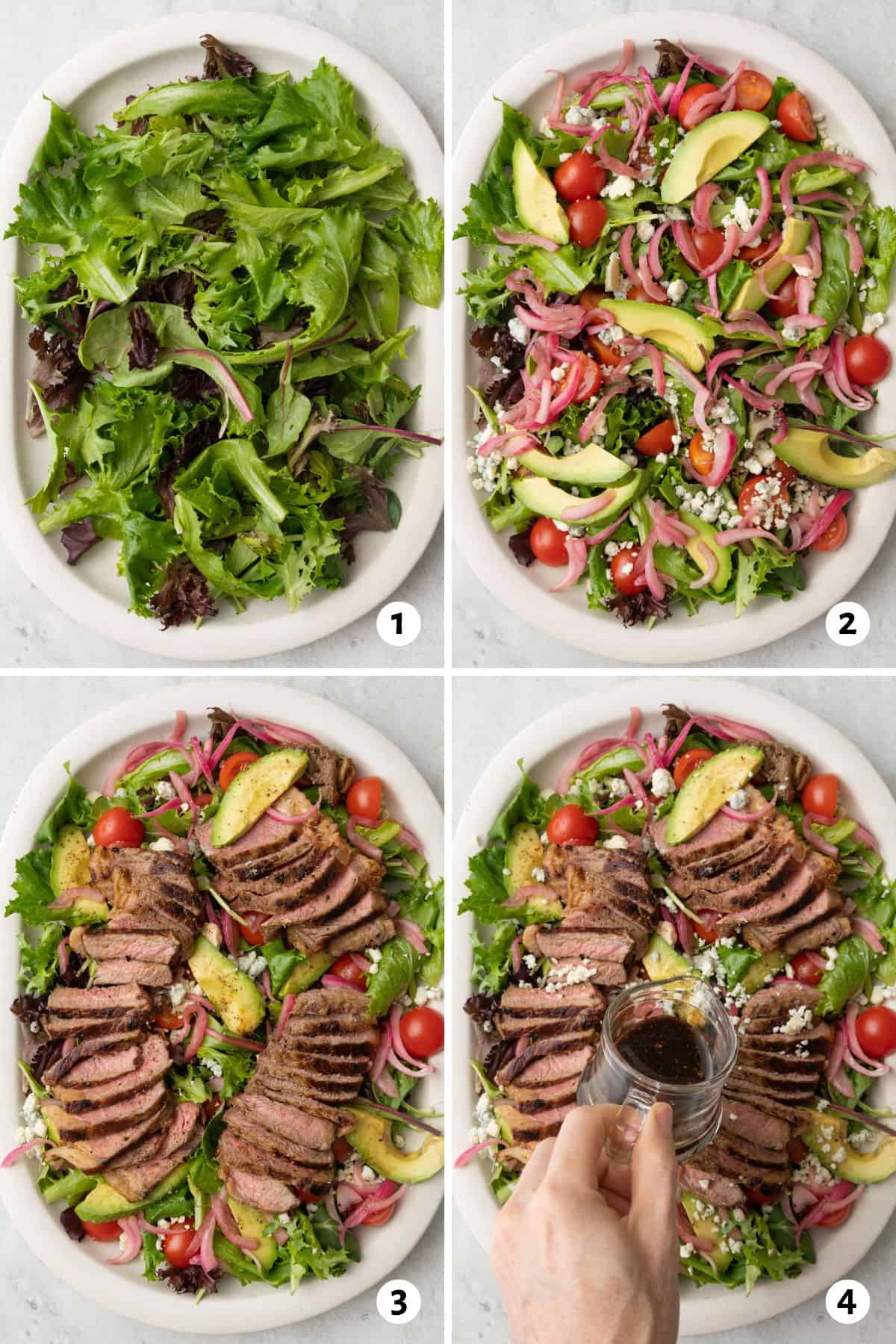 4 image collage assembling recipe: 1- lettuce on a platter, 2- toppings added, 3- sliced steak added, and 4- dressing being drizzled over.