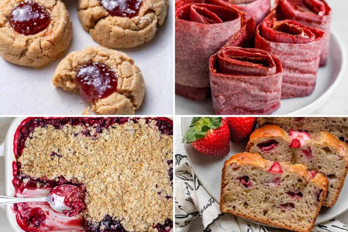 4 image collage of recipes of baked strawberry ideas.