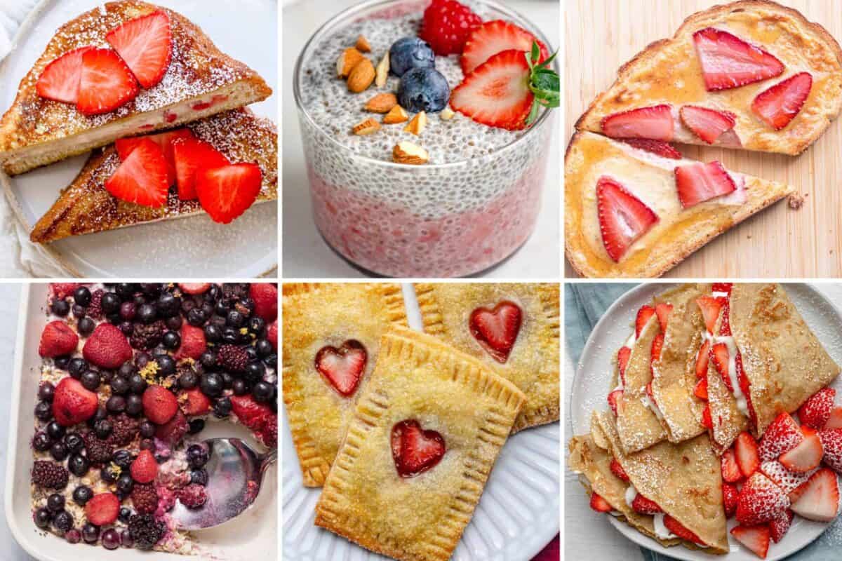 6 image collage of breakfast recipes with strawberries.