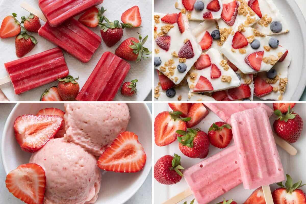 4 image collage of frozen dessert ideas with strawberries.