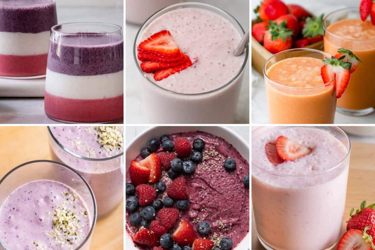 6 image collage of smoothie recipes.