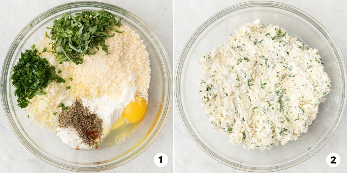 2 image collage before and after combining ricotta mixture ingredients.