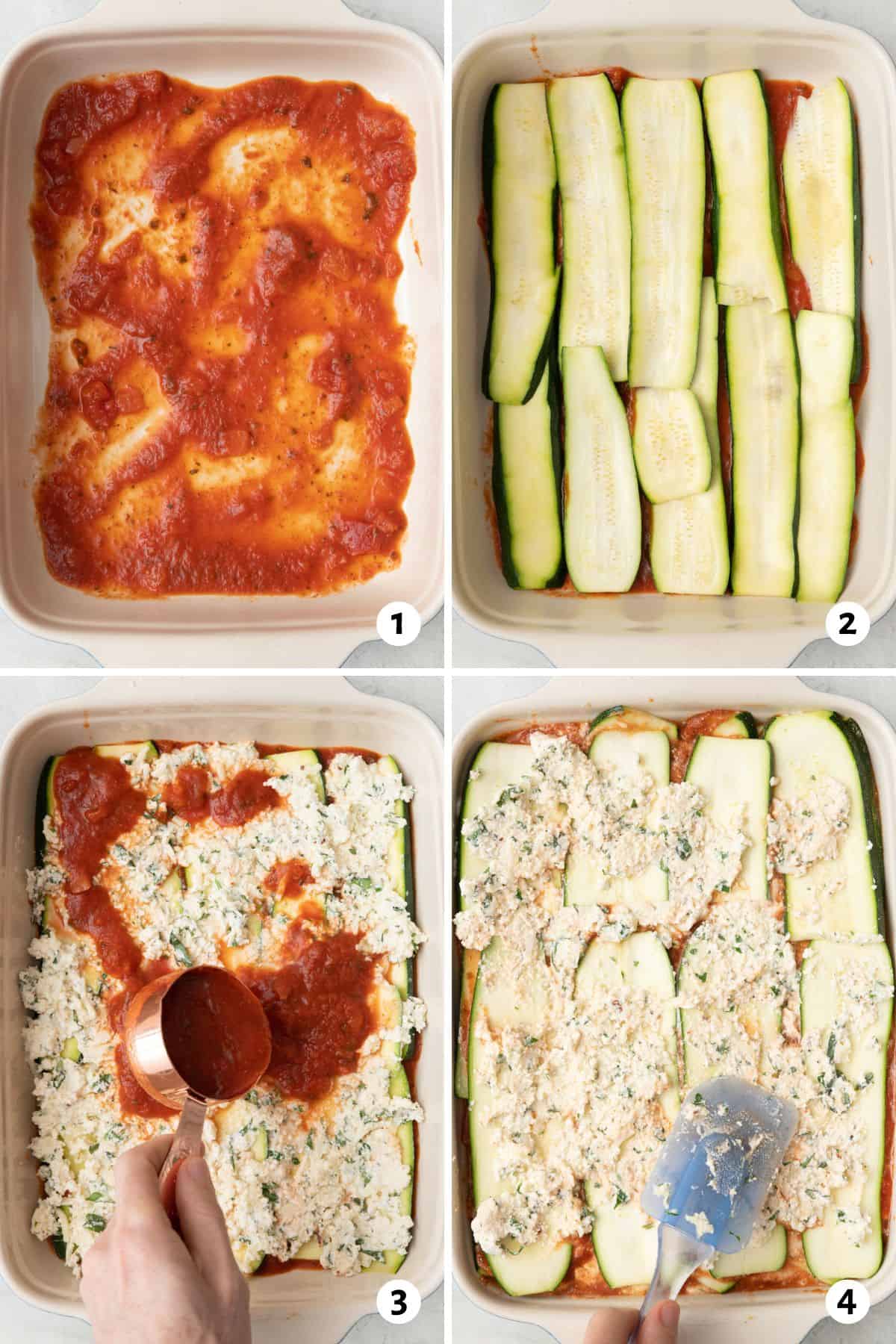 4 image collage layering recipe ingredients in a baking dish: 1- marinara spread on bottom of dish, 2-zucchini planks added on top of sauce in a single layer, 3- ricotta mixture added and more sauce being added on top, 4- after another layer of zucchini is added and spreading remaining ricotta mixture on top.