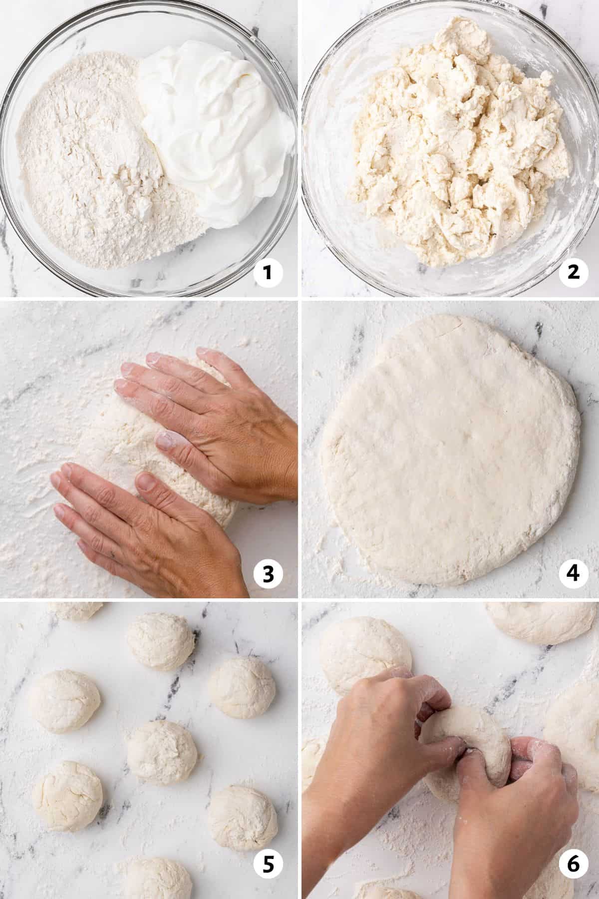6 image collage making recipe: 1- yogurt and flour in a bowl, 2- after mixing to show shaggy dough, 3- hands kneading dough on a floured surface, 4- dough flattened into a smooth disc, 5- dough after resting and shaped into equal size balls, 6- hand shaping one dough ball into a bagel.
