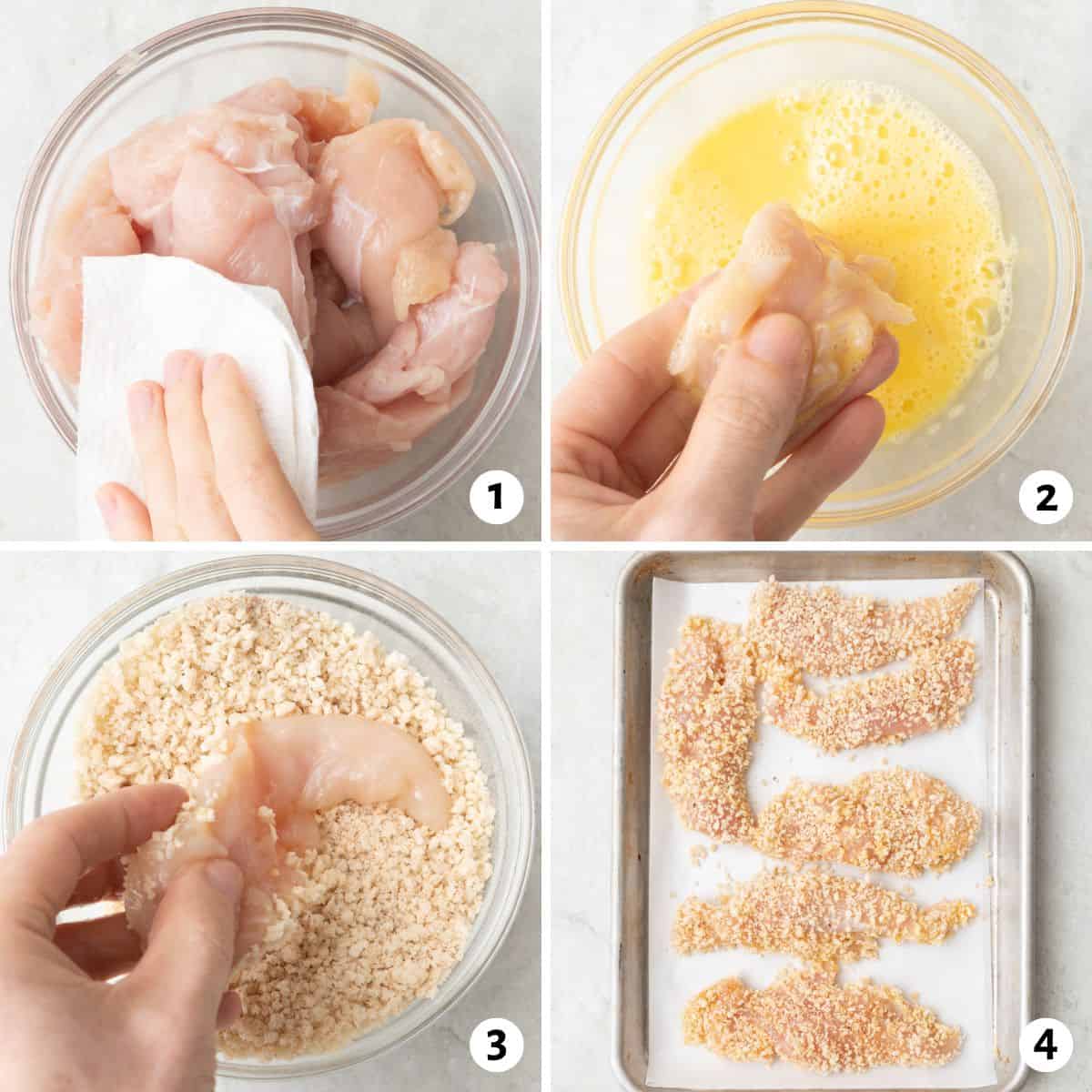 4 image collage making recipe: 1- chicken tenders in a bowl being patted dry with paper towels, 2- dipping a tender into a whisked egg, 3- coating tender in panko breadcrumbs, and 4- coated tenders on a parchment line baking sheet.