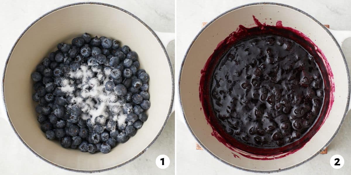 2 image collage making recipe in a pot: 1- blueberries and sugar added, 2- after cooking into a blueberry compote.