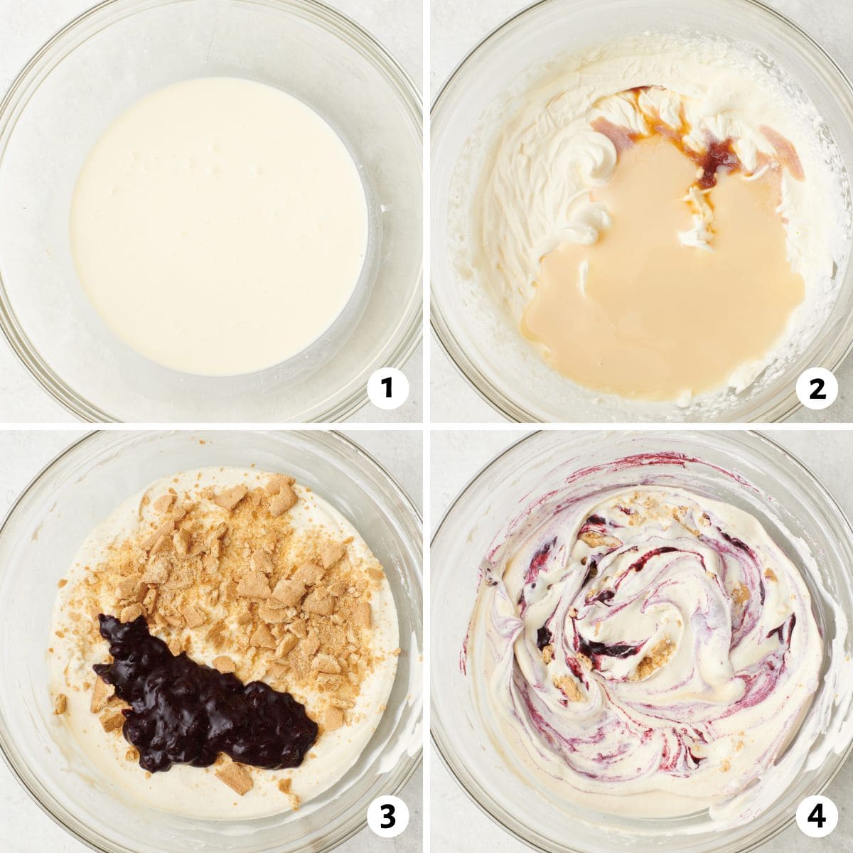 4 image collage making recipe: 1- cream in a bowl, 2- after whipping with condensed milk and vanilla added, 3- after mixing with blueberry compote and crushed graham crackers added, 4- after swirling into ice cream mixture.