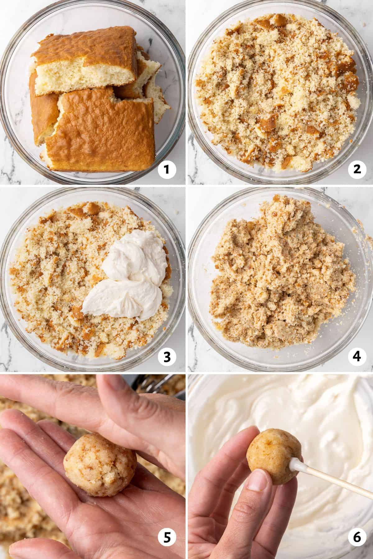 6 image collage making recipe: 1- cake in a bowl, 2- after crumbling, 3- buttercream added, 4- after mixed together, 5- hand rolling cake ball between palms, 6- adding a stick into cake pop with a little buttercream on the end.