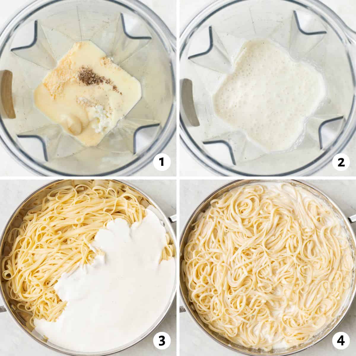4 image collage making recipe: 1- ingredients added to a blender before blending, 2- after blending to show a smooth white sauce, 3- sauce poured over cooked linguine in a pan, 4- after tossing sauce and noodles together.