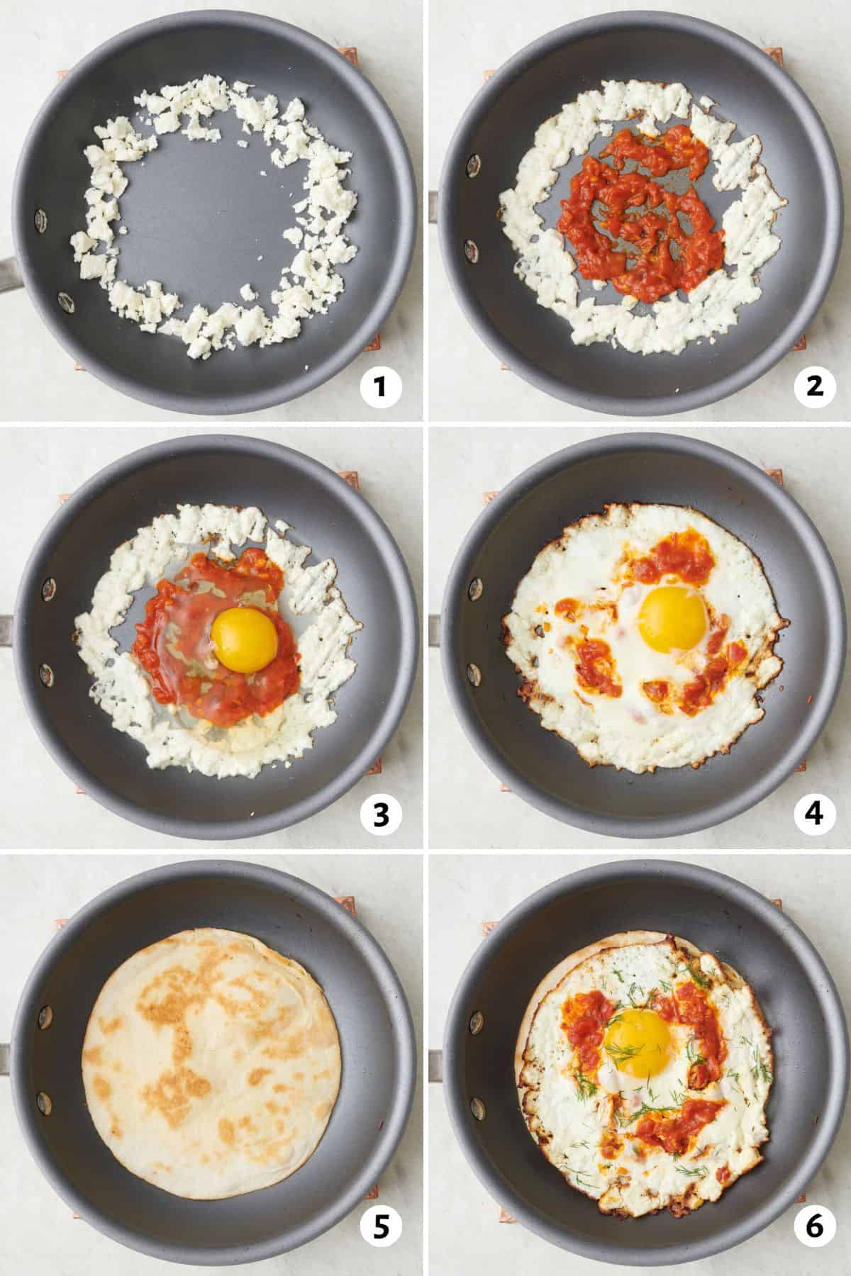 6 image collage making recipe: 1- crumbled feta on the outside of pan, 2- harissa paste added to the center, 2- after feta is slightly crisped with an egg added on top, 5- after the egg has cooked, feta egg removed and a tortilla shell added, 6- cook harissa feta egg added on top of tortilla.