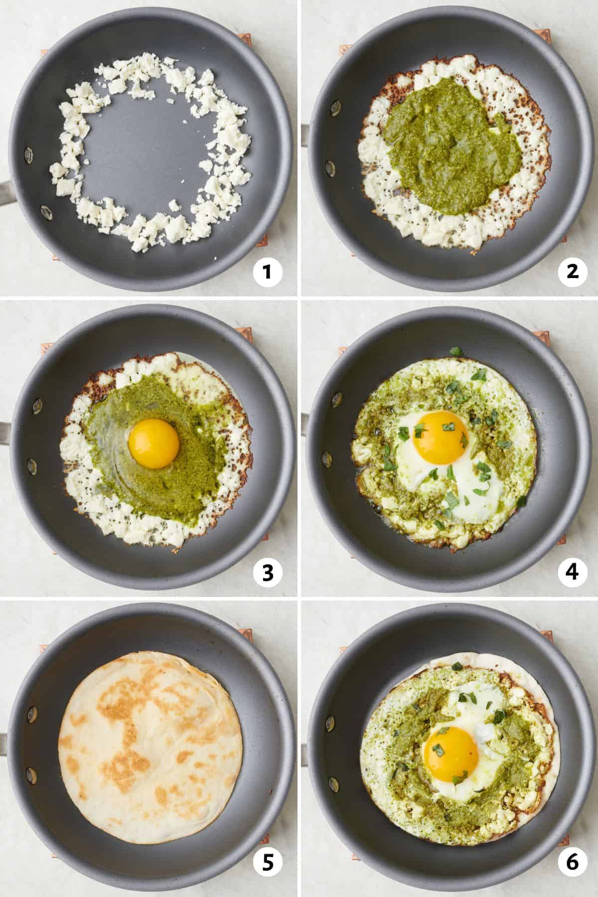 6 image collage making recipe: 1- crumbled feta on the outside of pan, 2- pesto added to the center, 2- after feta is slightly crisped with an egg added on top, 5- after the egg has cooked, feta egg removed and a tortilla shell added, 6- cook pesto feta egg added on top of tortilla.