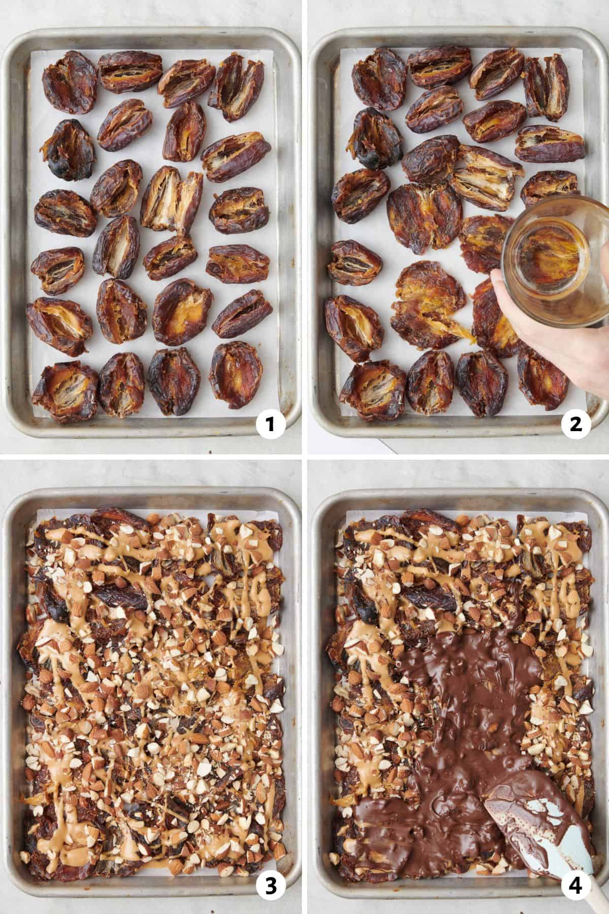 4 image collage making recipe: 1-pitted dates on a sheet pan, 2- glass pressing dates flat, 3- peanut butter drizzled on top with chopped almonds, and 4- spreading melted chocolate on top.