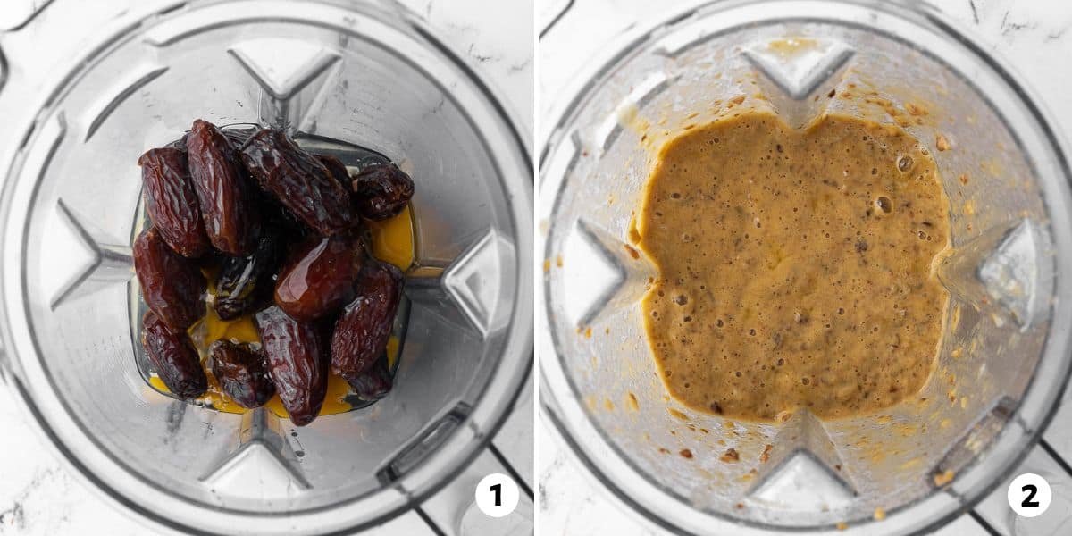 2 image collage of dates and eggs in a blender before and after blending.