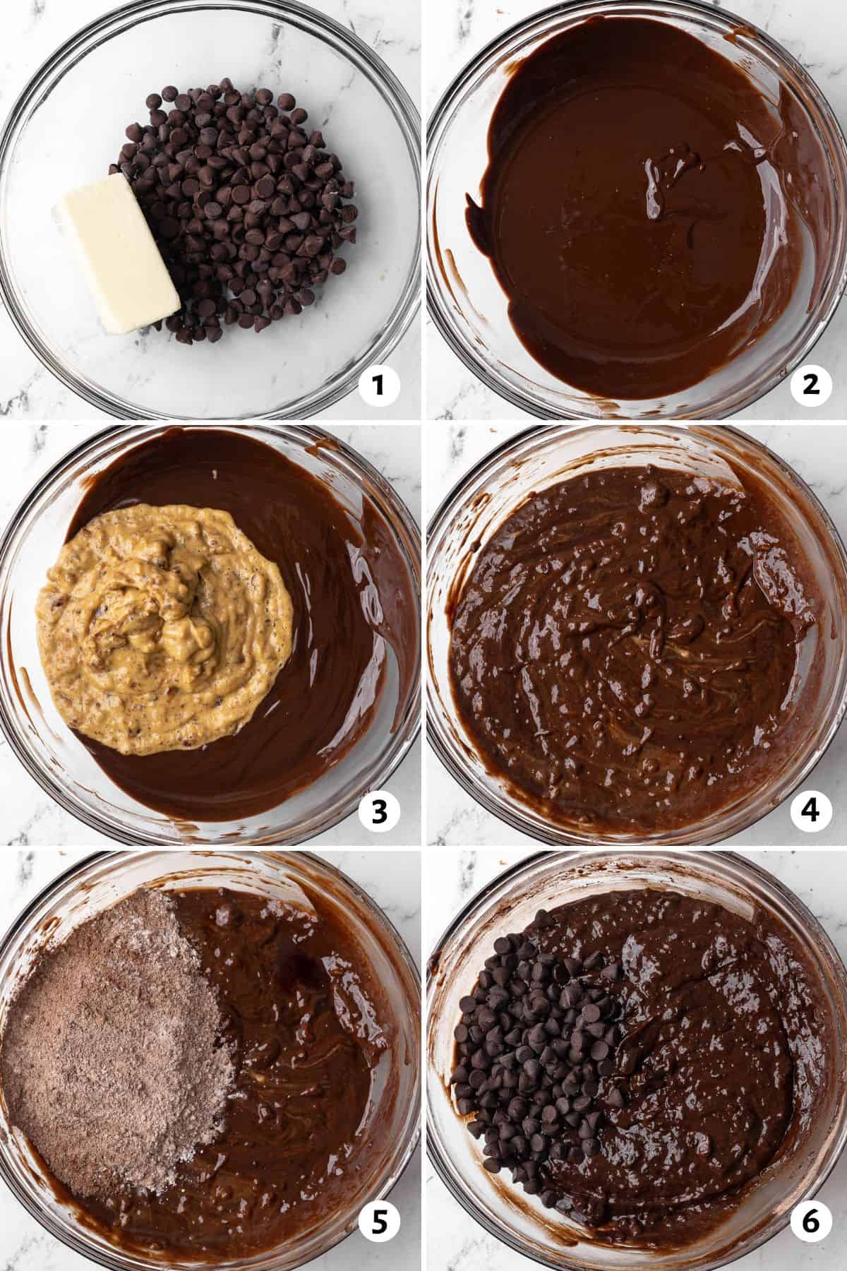 6 image collage making recipe in a bowl: 1- chocolate chips and butter in bowl, 2- after melting, 3- date mixture added, 4- chocolate and date mixture combined, 5- dry ingredients added, 6- chocolate chips added.