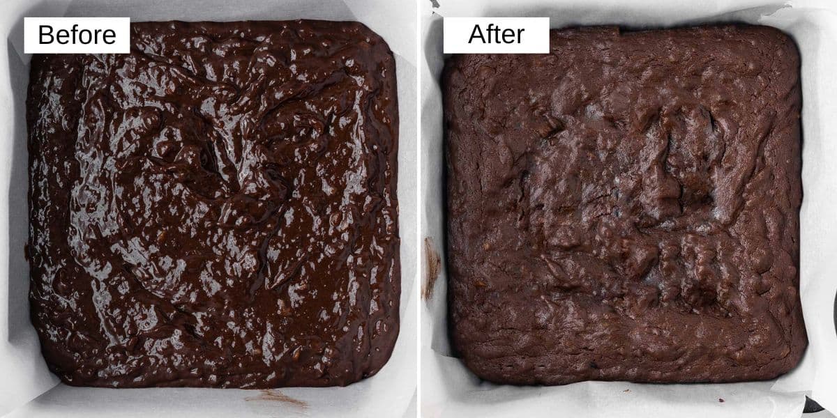 2 image collage of brownies in a parchment lined square pan before and after baking.