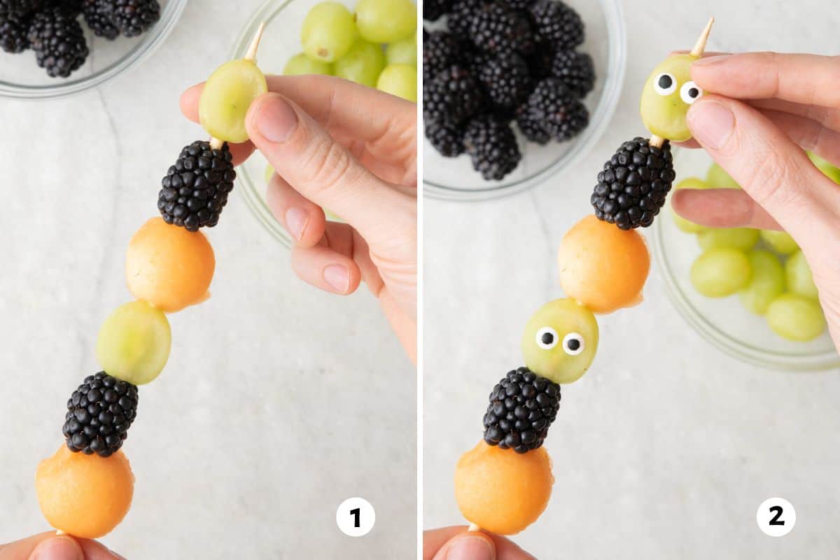 2 image collage making recipe by adding fruit onto a skewer and then adding googly eyes.