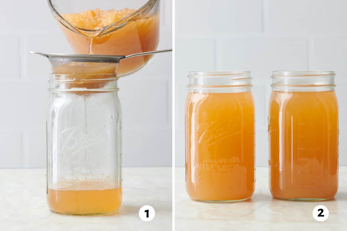 2 image collage showing mashed apples being strained into a mason jar through a mesh sieve and then two mason jars full of cider.