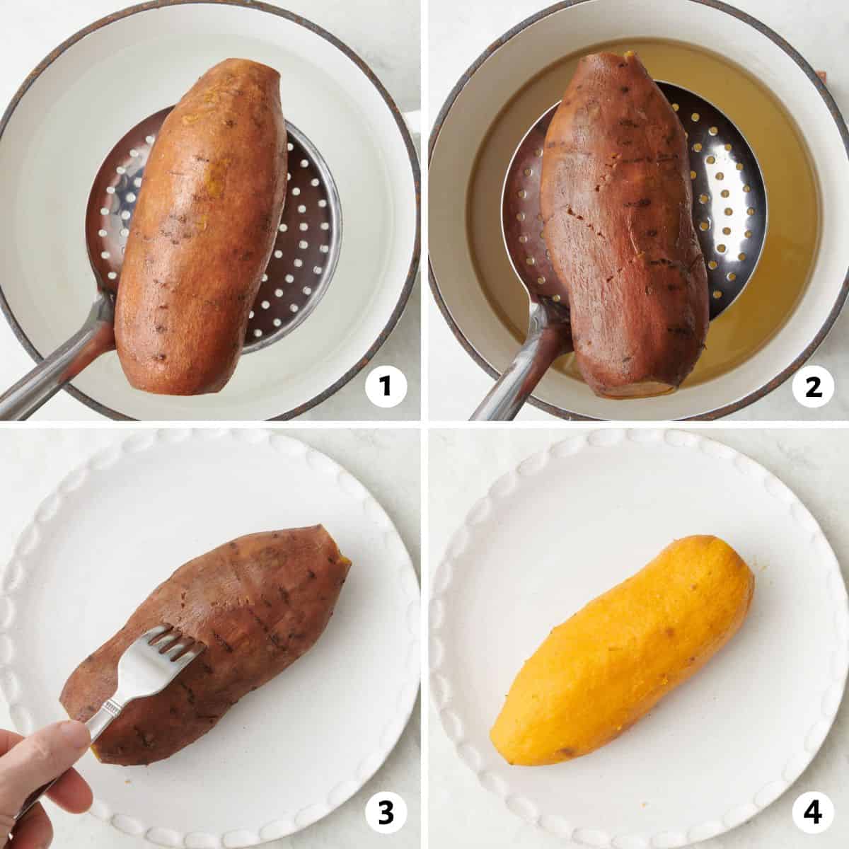 4 image collaging on how to making recipe: 1: adding a sweet potato to a pot of water, 2- after boiling and removing from water, 3- piercing with a fork to show doneness, 4- with skin removed.