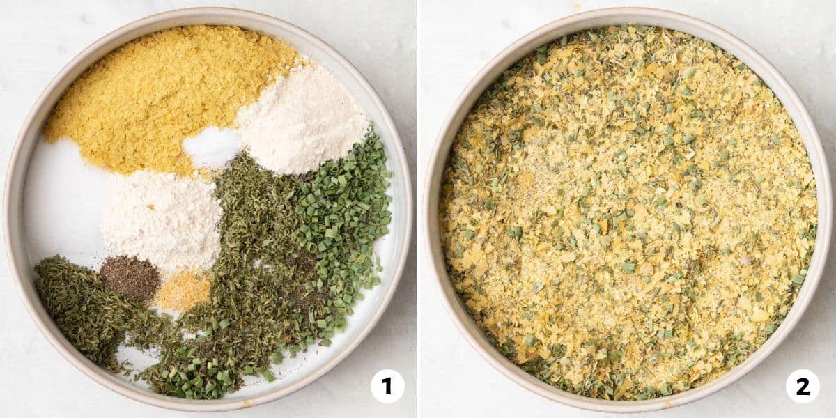 2 image collage of seasonings in a bowl before mixing together and after.