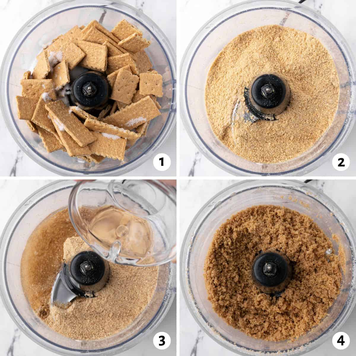 4 iamge collage making crust in a food processor: graham crackers and sugar added, 2- after pulsing into fine crumbs, 3- coconut oil being added, 4- after fully combined.