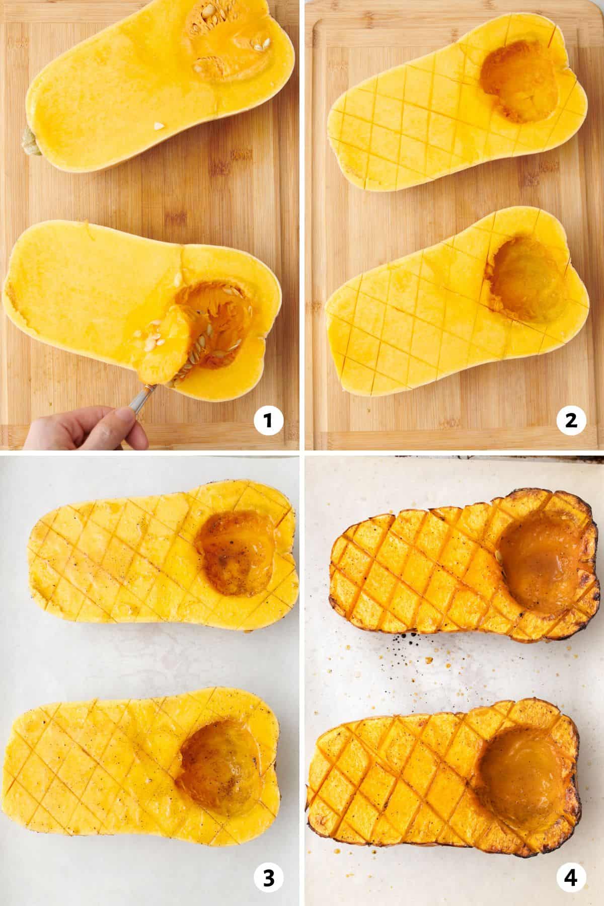 4 image collage showing steps on how to roast butternut squash: 1- 2 butternut squash halves on a cutting board with a spoon scooping out seeds, 2- after flesh is scored, 3- after coating with oil and seasoning, 4- after baking.
