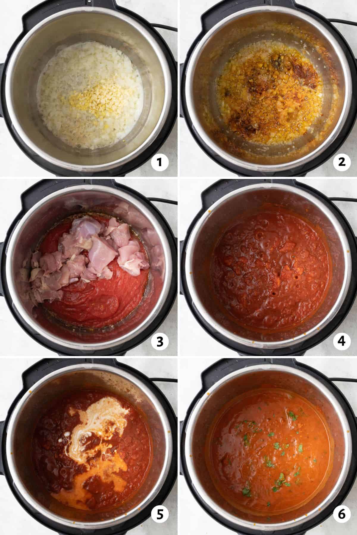 6 image collage making recipe in an Instant pot: 1- melted butter, onion, garlic, and ginger before sauteing, 2- after cooking to show browned veggies with turmeric, cumin, paprika, and salt added, 3- after combining/cooking with chicken and crushed tomatoes added, 4-after cooking, 5- coconut milk and slurry added, 6- after stirring with garam masala and cilantro on top.
