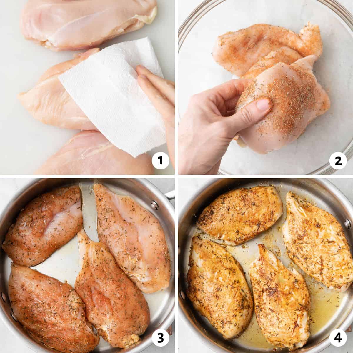 4 image collage making recipe: 1- chicken breasts on a cutting board with paper towels patting them dry, 2- coating chicken with dry rub, 3- seasoned chicken in a skillet before cooking, 4- after cooking.