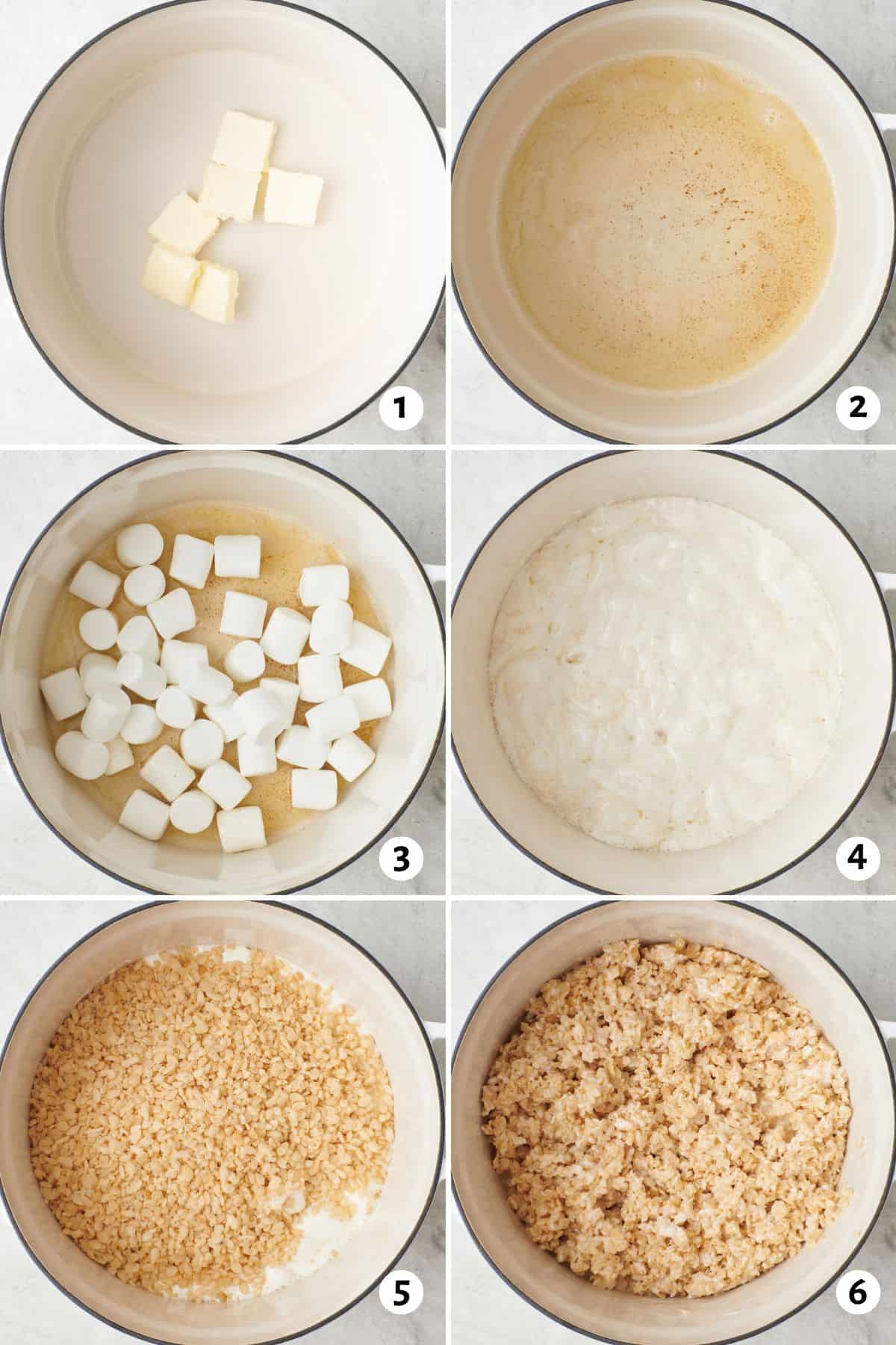 6 image collage making recipe: 1- butter in a pot, 2- after melting, 3- marshmallows added, 4- after melting, 5- rice krispies added, 6- after combined.