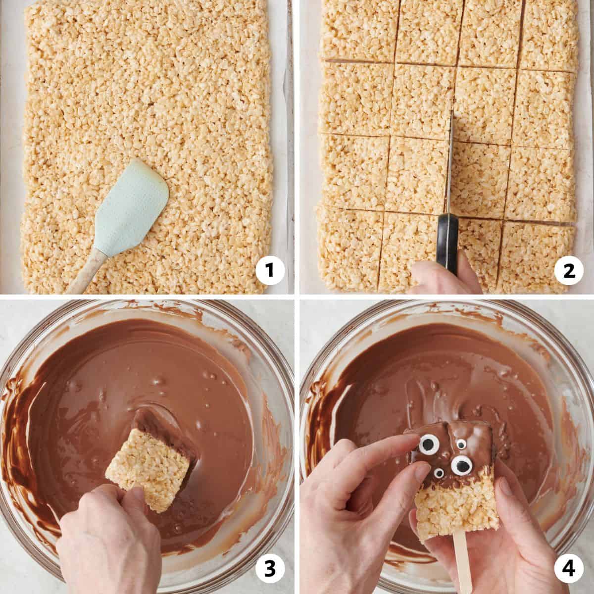 4 image collage: 1- spreading mix into a flat, even rectangle, 2- cutting into squares, 3- dipping into melted chocolate, 4 adding googly eyes.
