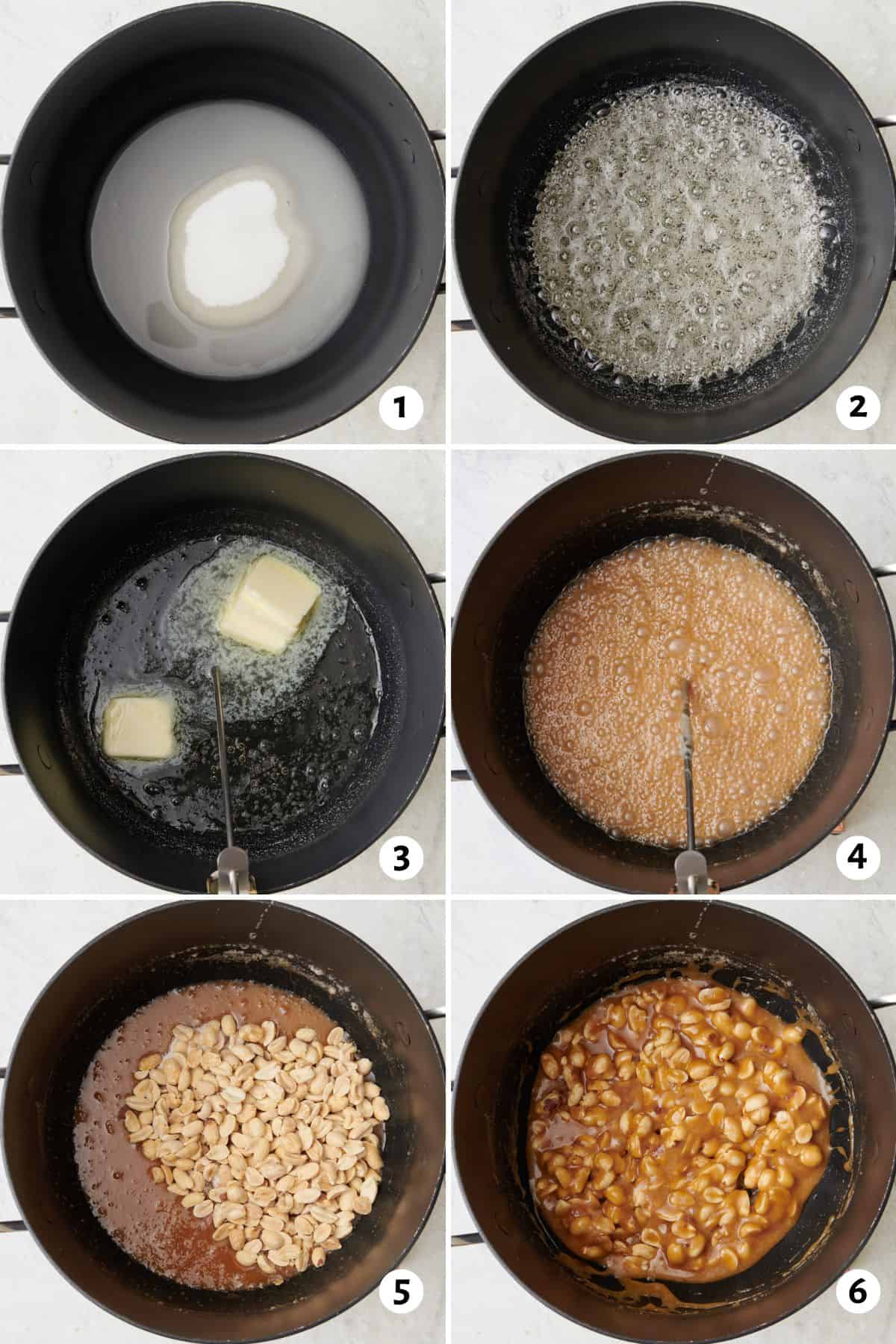 6 image collage making recipe: 1- sugar and water in a pot, 2- bringing to a boil, 3- butter added, 4- after turning a deep caramel color, 5- peanuts added, and 6- after combined.