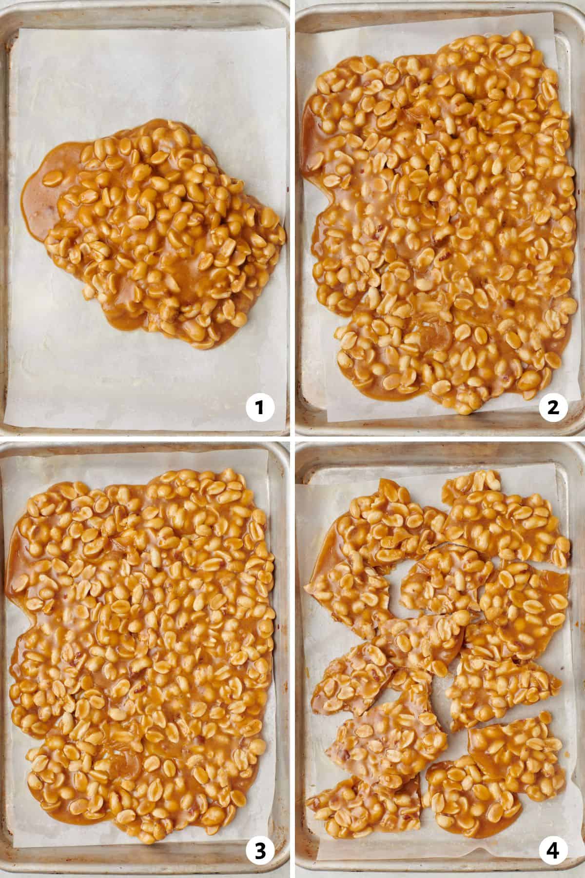 4 image collage: 1- mixture added to a parchment lined sheet pan, 2- after spreading out into an even layer, 3- after hardening, 4- broken into large pieces.