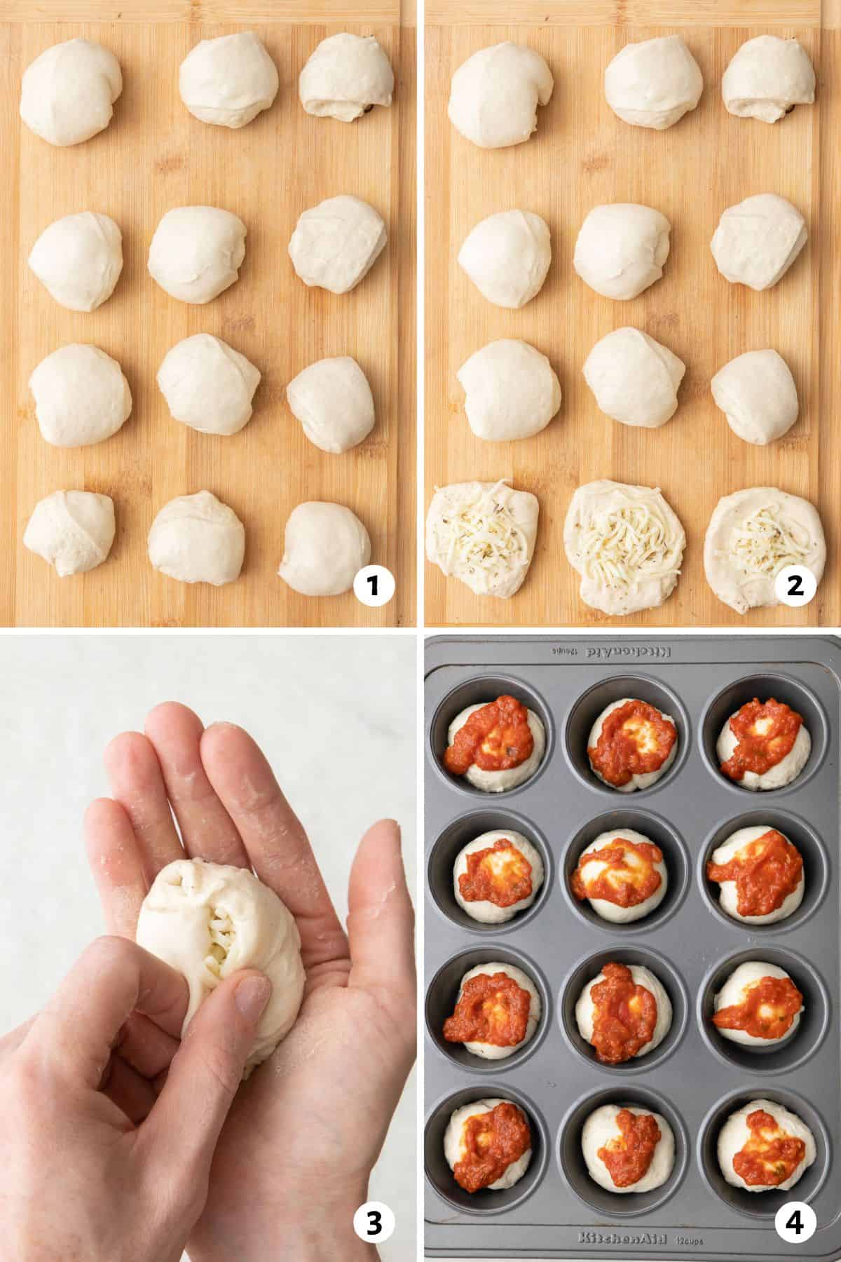 4 image collage making recipe: 1- pizza dough cut into 12 portions, 2- some flattened out and filled with cheese, 3- hand pinching sides of dough around cheese, 4- stuffed pizza dough in a muffin tin with sauce on top.