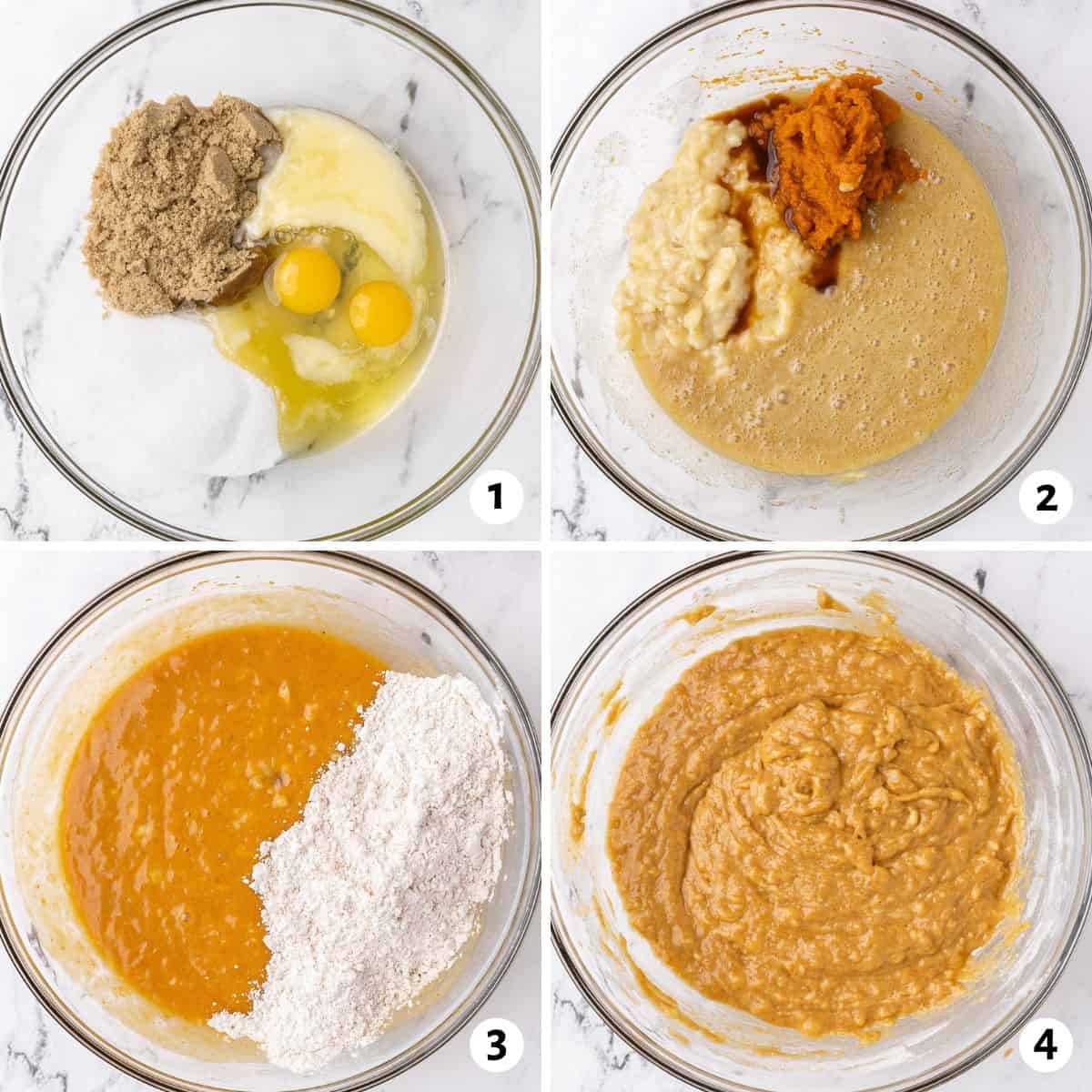 4 image collage making batter in a bowl: eggs, butter, sugar and spices added, 2- after mixing together with mashed bananas, vanilla, and pumpkin added, 3- after combining with flour added, 4- final batter.