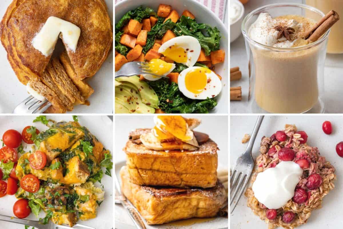 6 image collage of breakfast and brunch recipes for Autumn.