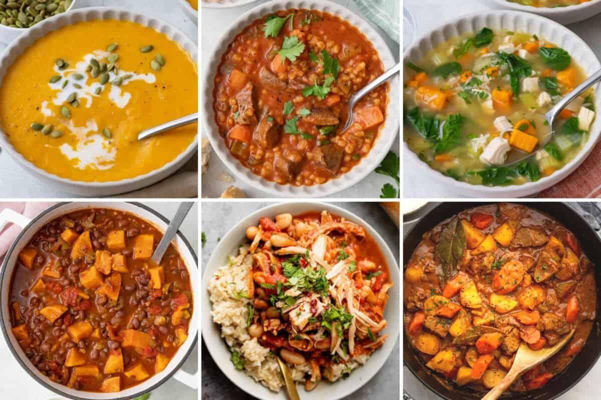 6 image collage of soup recipes for fall.