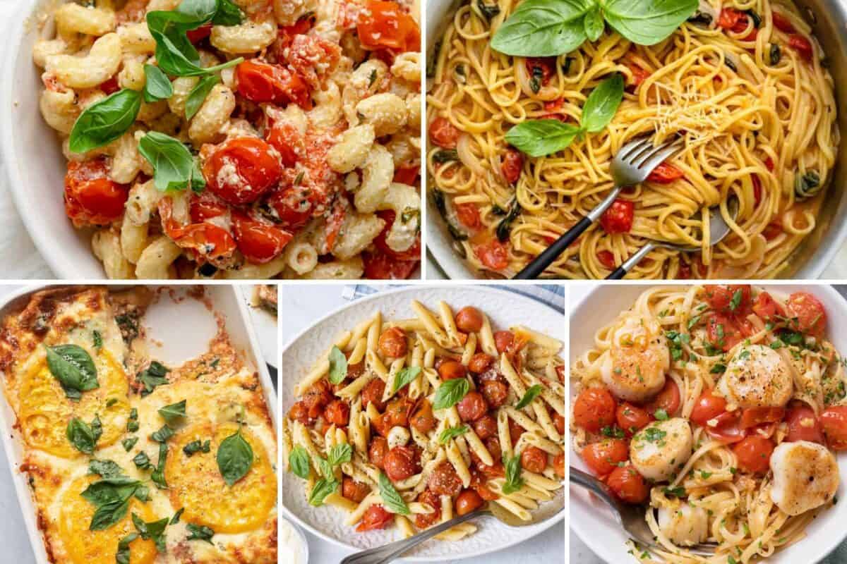 5 image collage of tomato pasta recipes.