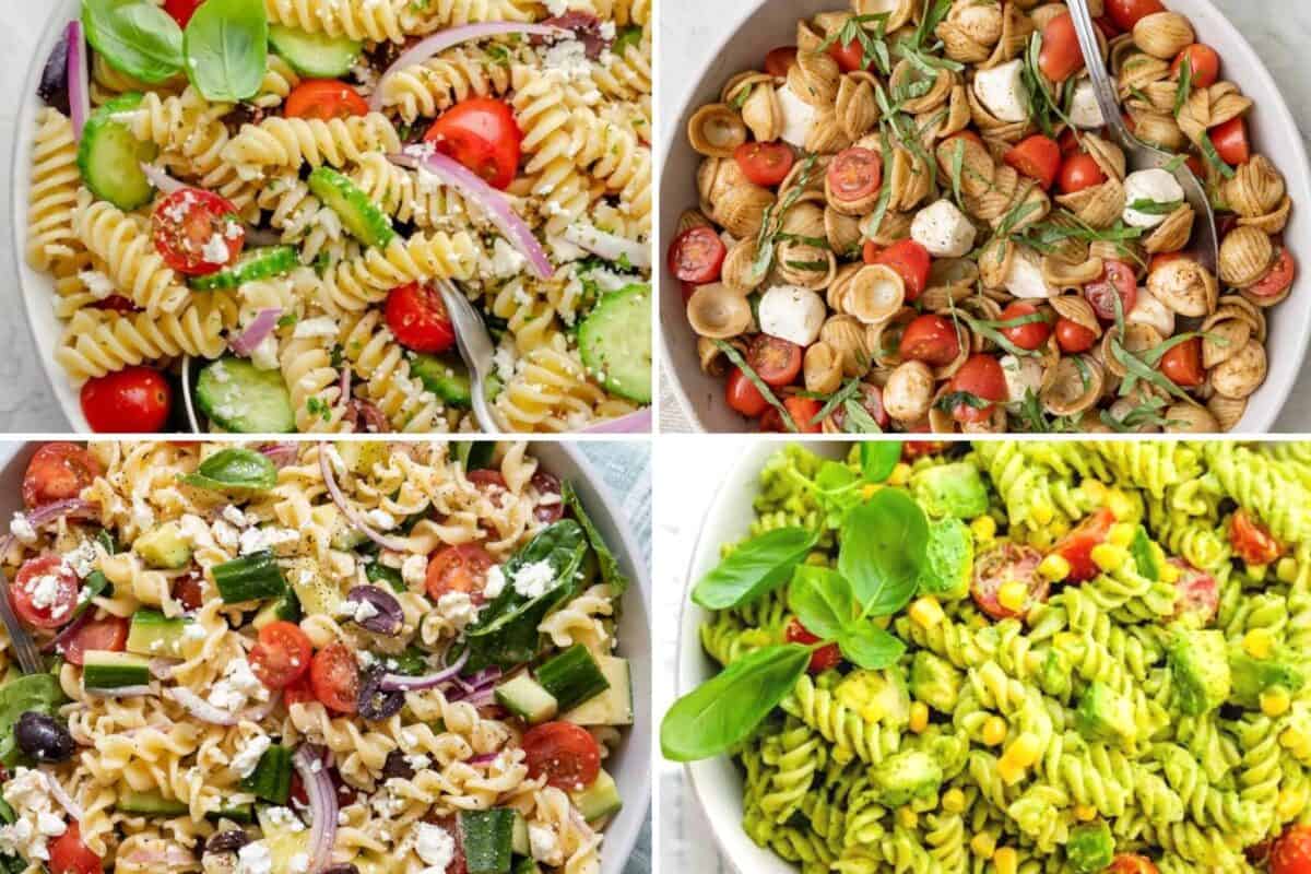 4 image collage of pasta salad recipes with tomatoes.