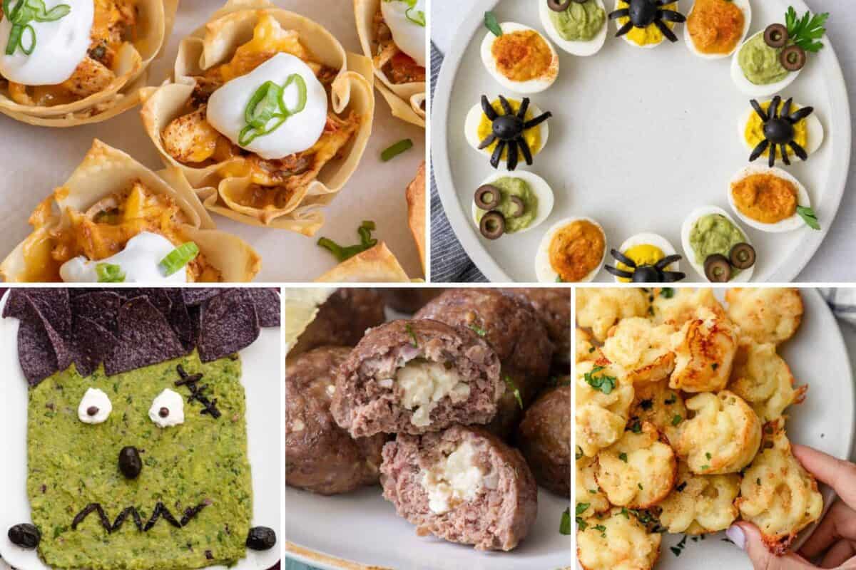 5 image collage of Halloween appetizer ideas.
