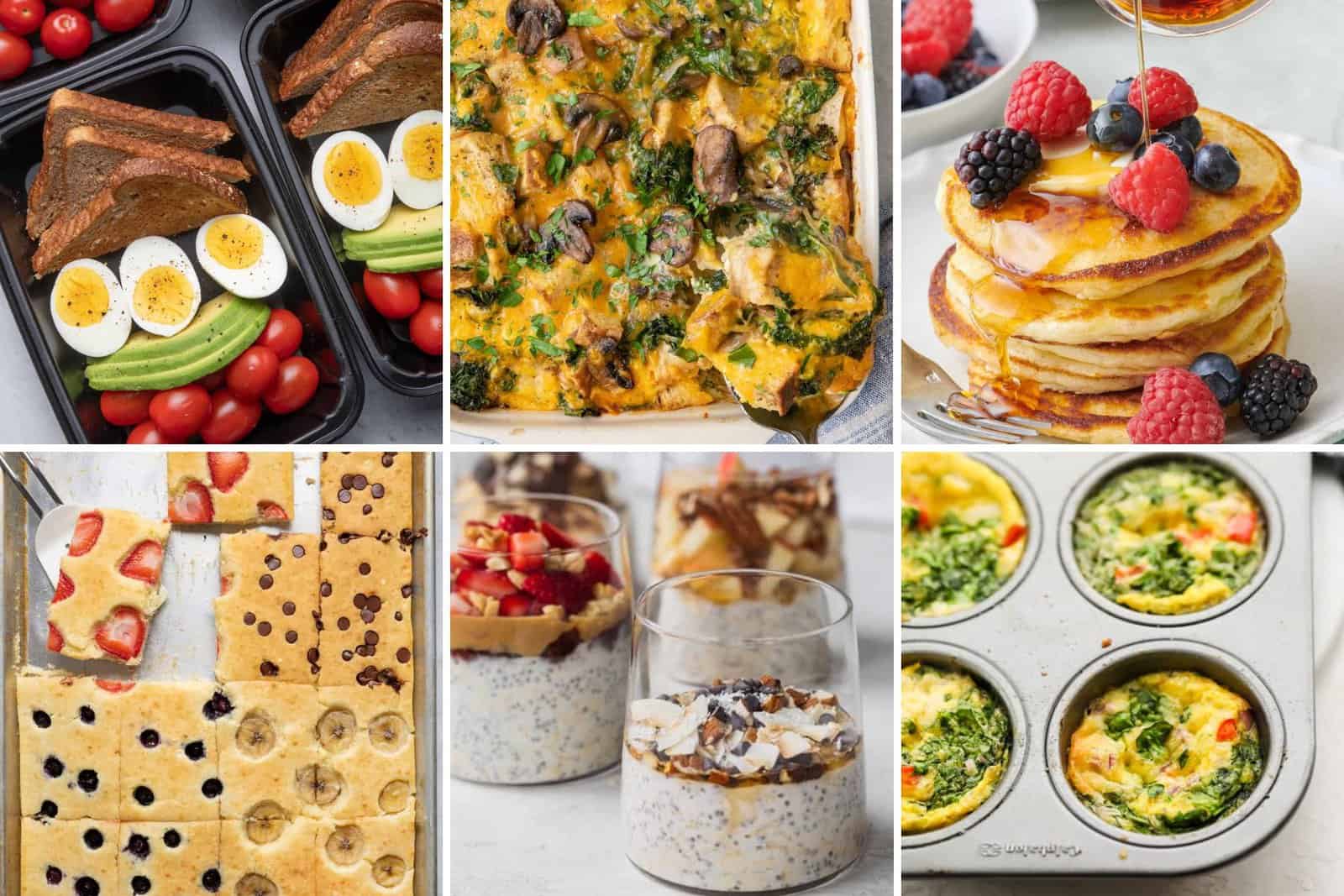 6 image collage of meal prep breakfast ideas.